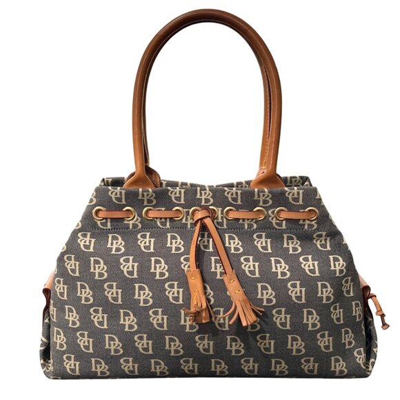 Dooney Bourke Monogram Canvas Tote Bag Logo Tulip Tassel Satchel Leather-Handles - Picture 1 of 8